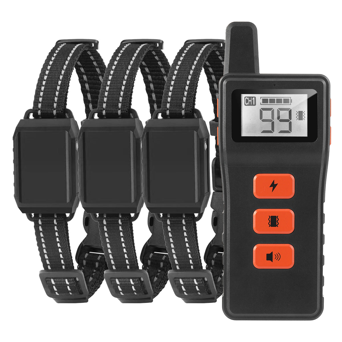 A black rechargeable remote dog training collar with an LCD display and various control buttons.