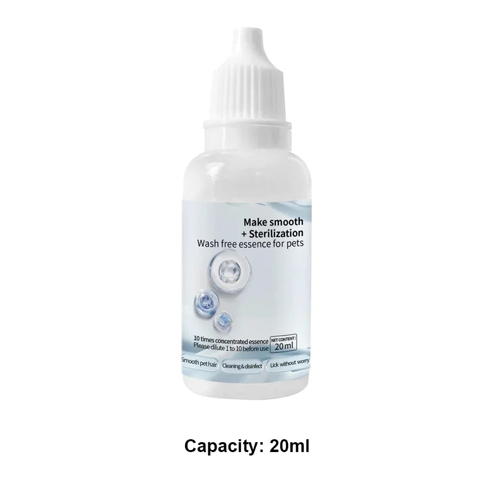 A white bottle of Make smooth plus Sterilization wash free essence for pets with a white dropper cap.