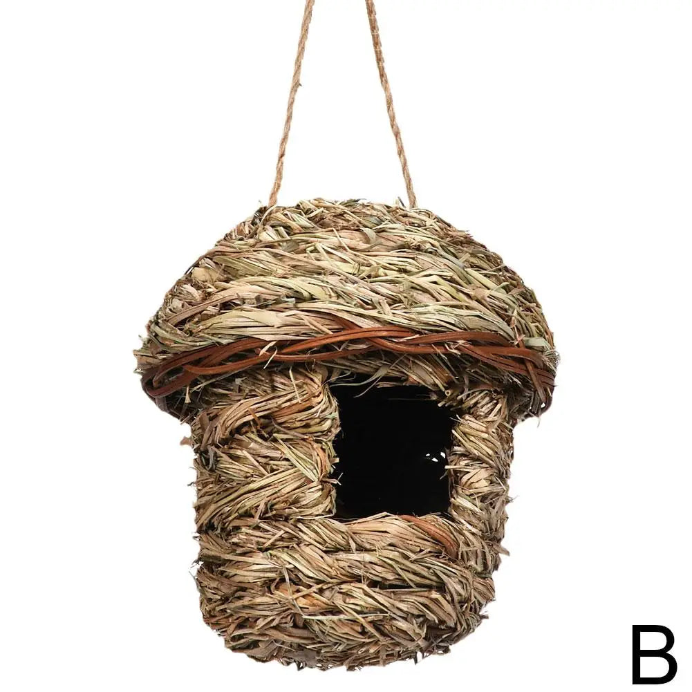 Handwoven straw bird nest for parrots with a dark entrance hole