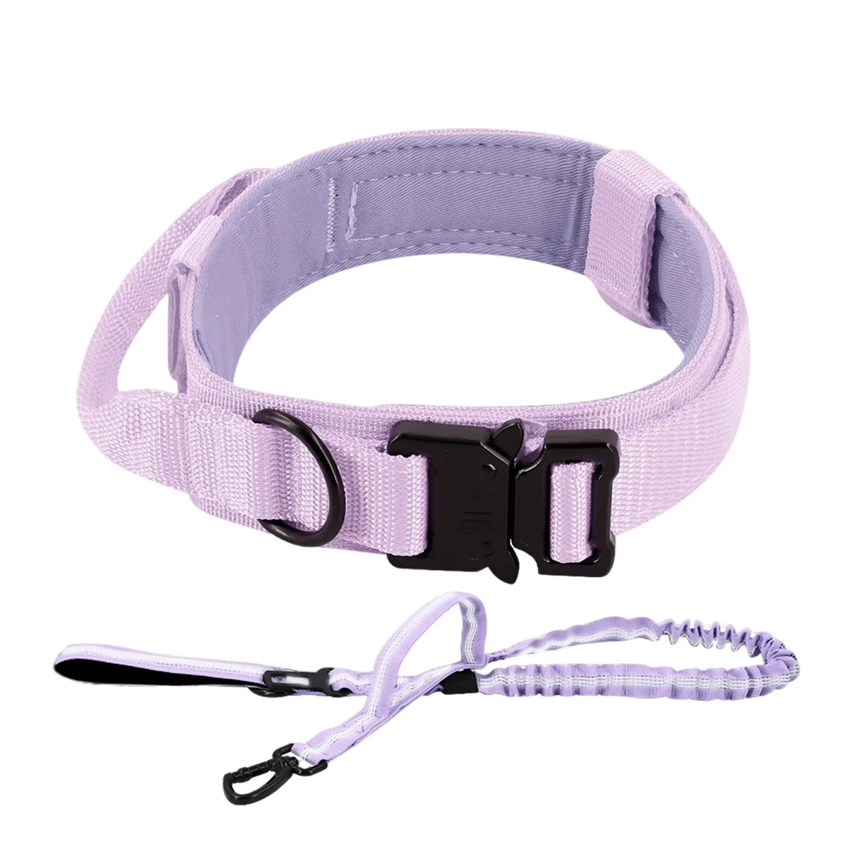 A lavender tactical dog training collar and leash set with a black buckle and handle.
