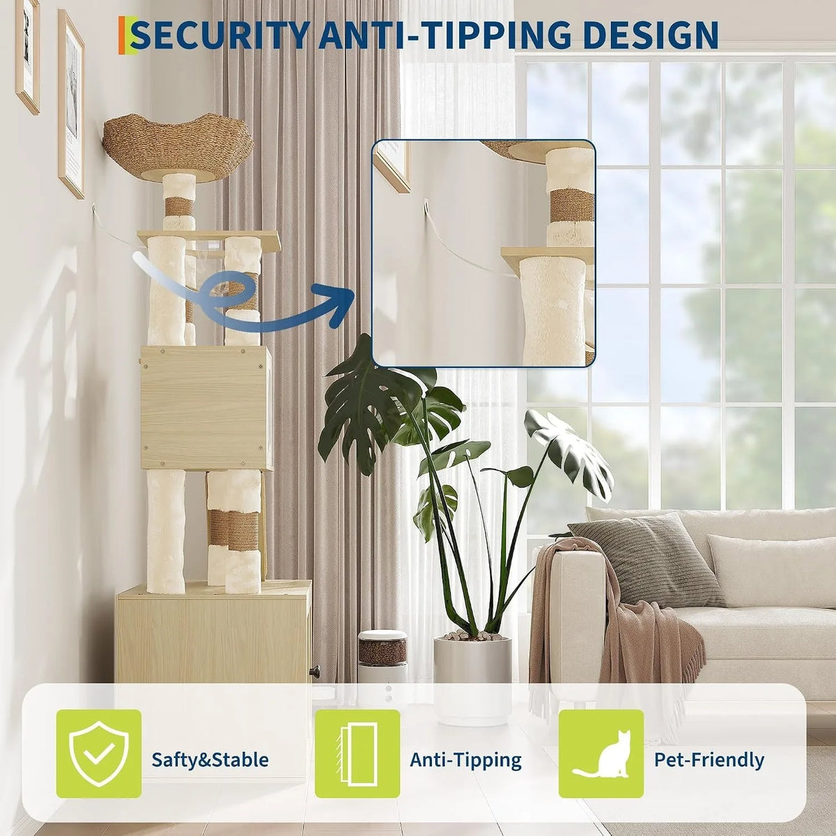 A wooden cat tree with a litter box enclosure and storage cabinet designed as a security anti-tipping system.