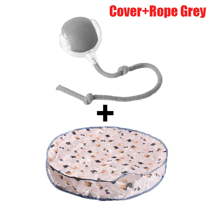 A grey motion-activated hide and seek cat toy with a rolling ball and pouch.