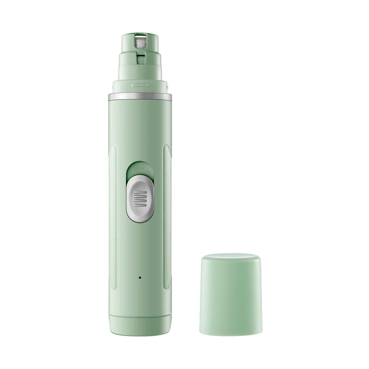 A light green cordless electric pet nail grinder with an LED light and polishing wheel, shown standing next to its detached h
