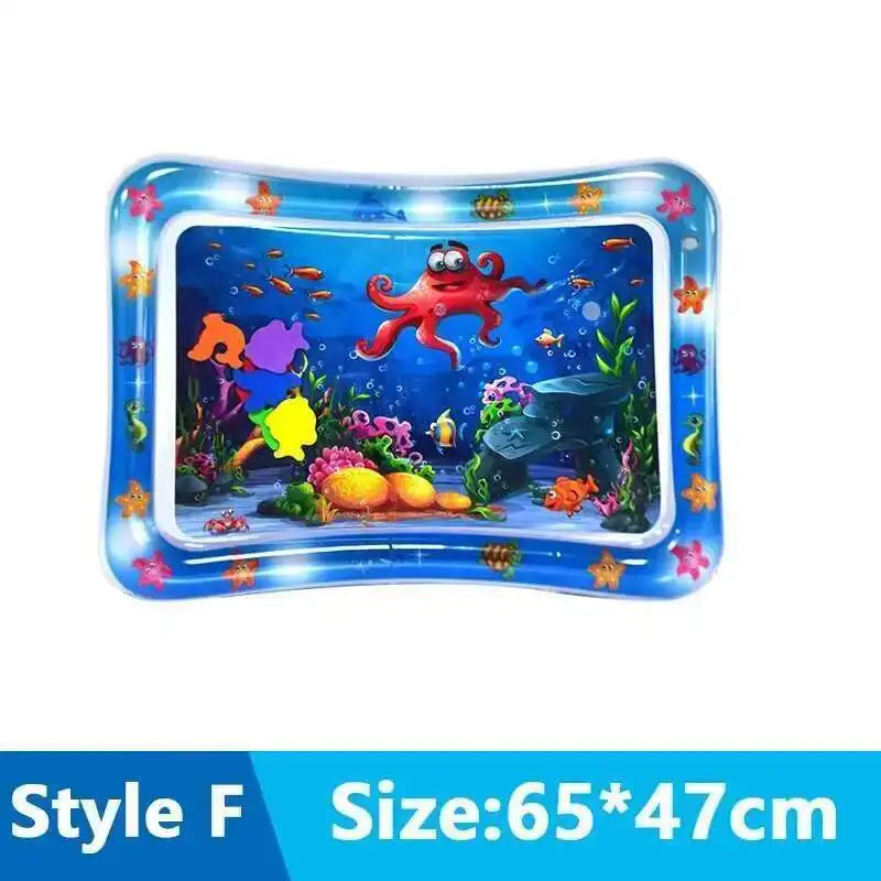 A blue, translucent sensory water play mat featuring a red cartoon character for cats and dogs.