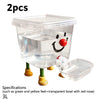 Two clear plastic pet water bowls with green and yellow feet and a red nose