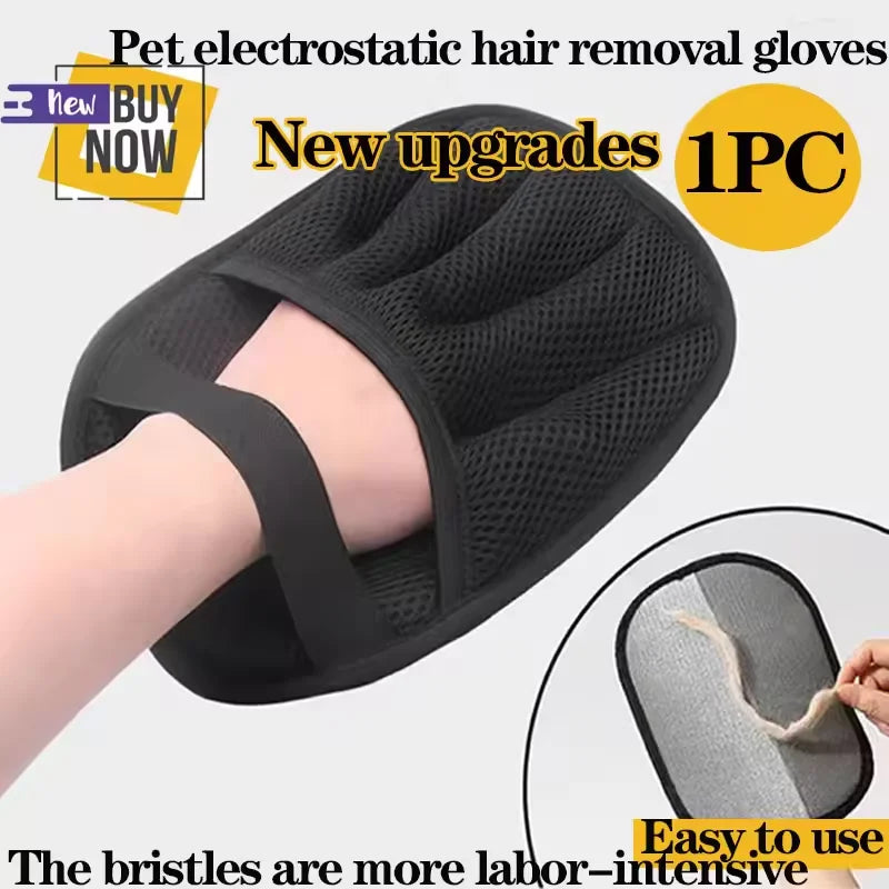 Black pet electrostatic hair removal gloves shown on a hand, highlighting the bristles.