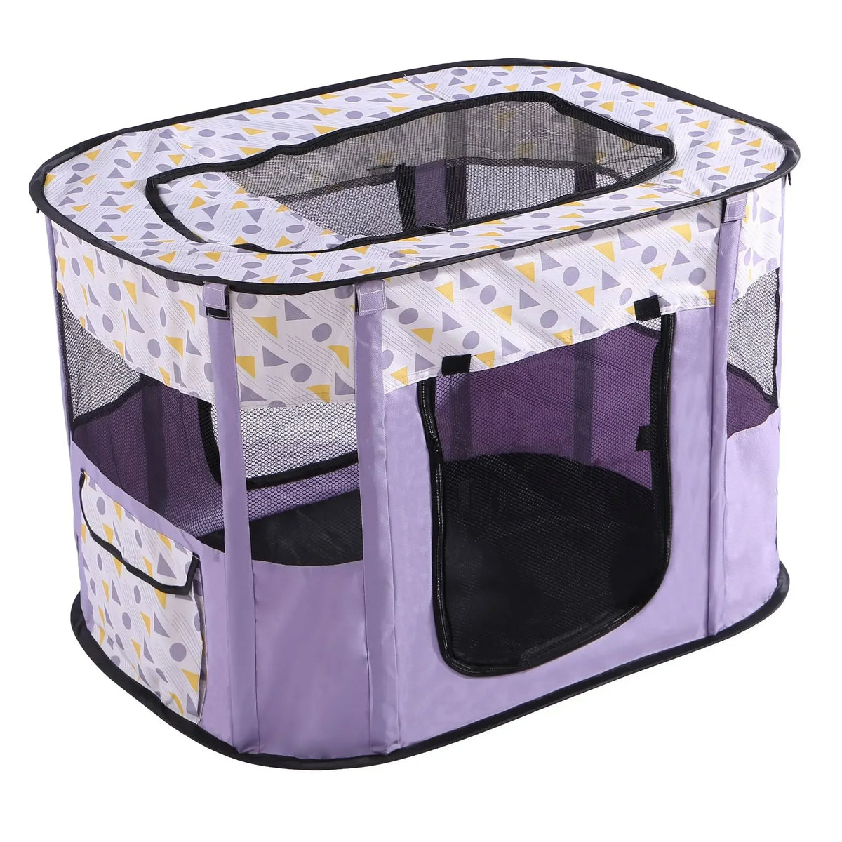 Jaula de juego para mascotas de malla morada y blanca con bordes redondeados, para uso interior o exterior.