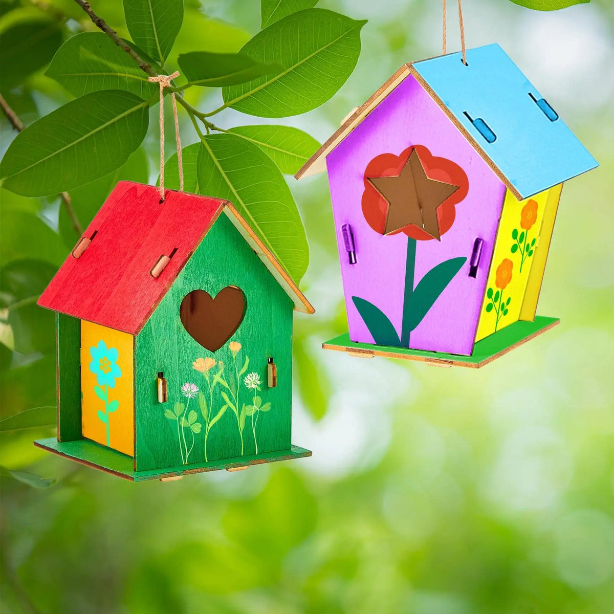 Unfinished Wooden Bird House Kit with Hemp Rope for DIY Painting