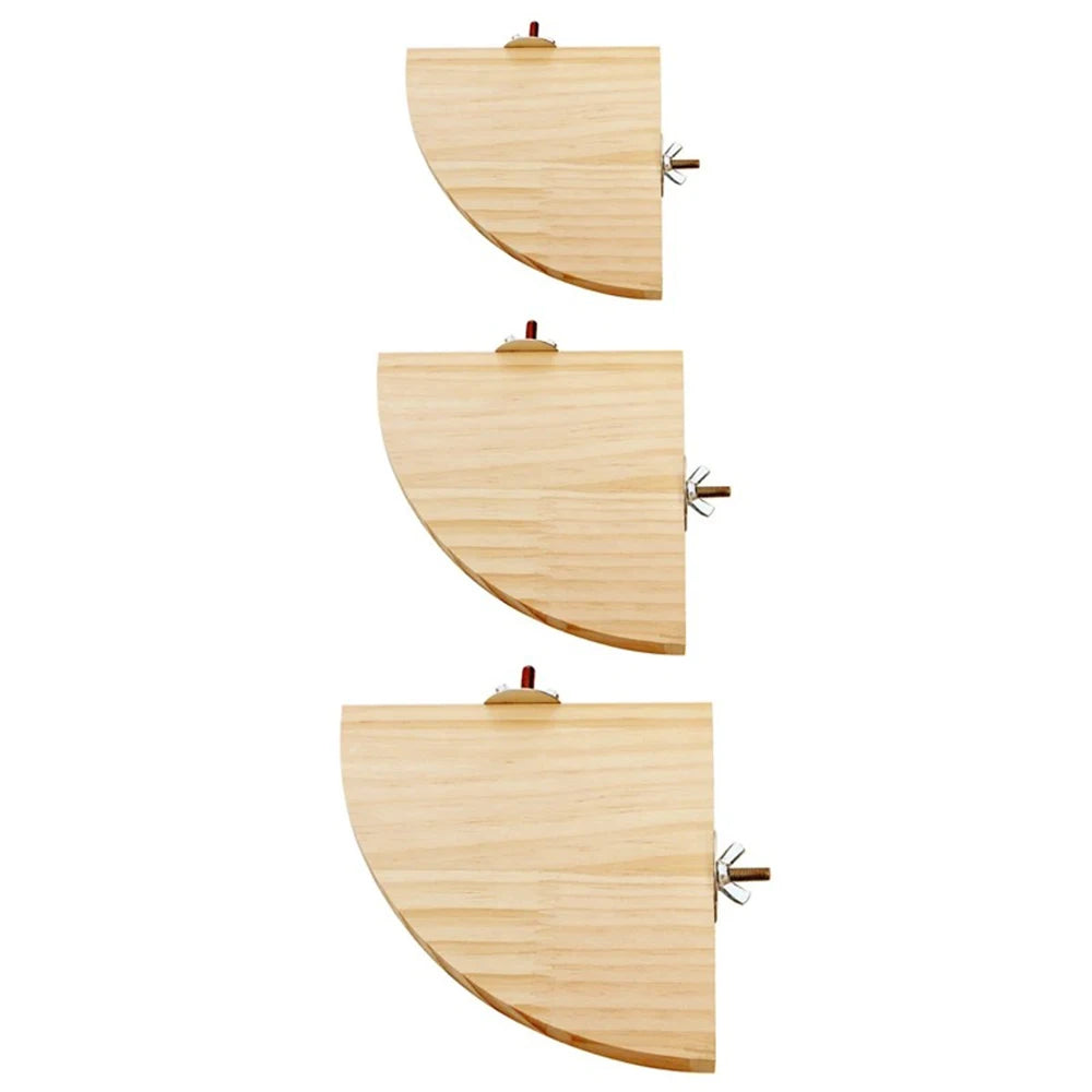 A fan-shaped wooden bird perch with a light natural wood finish and metal mounting hardware.