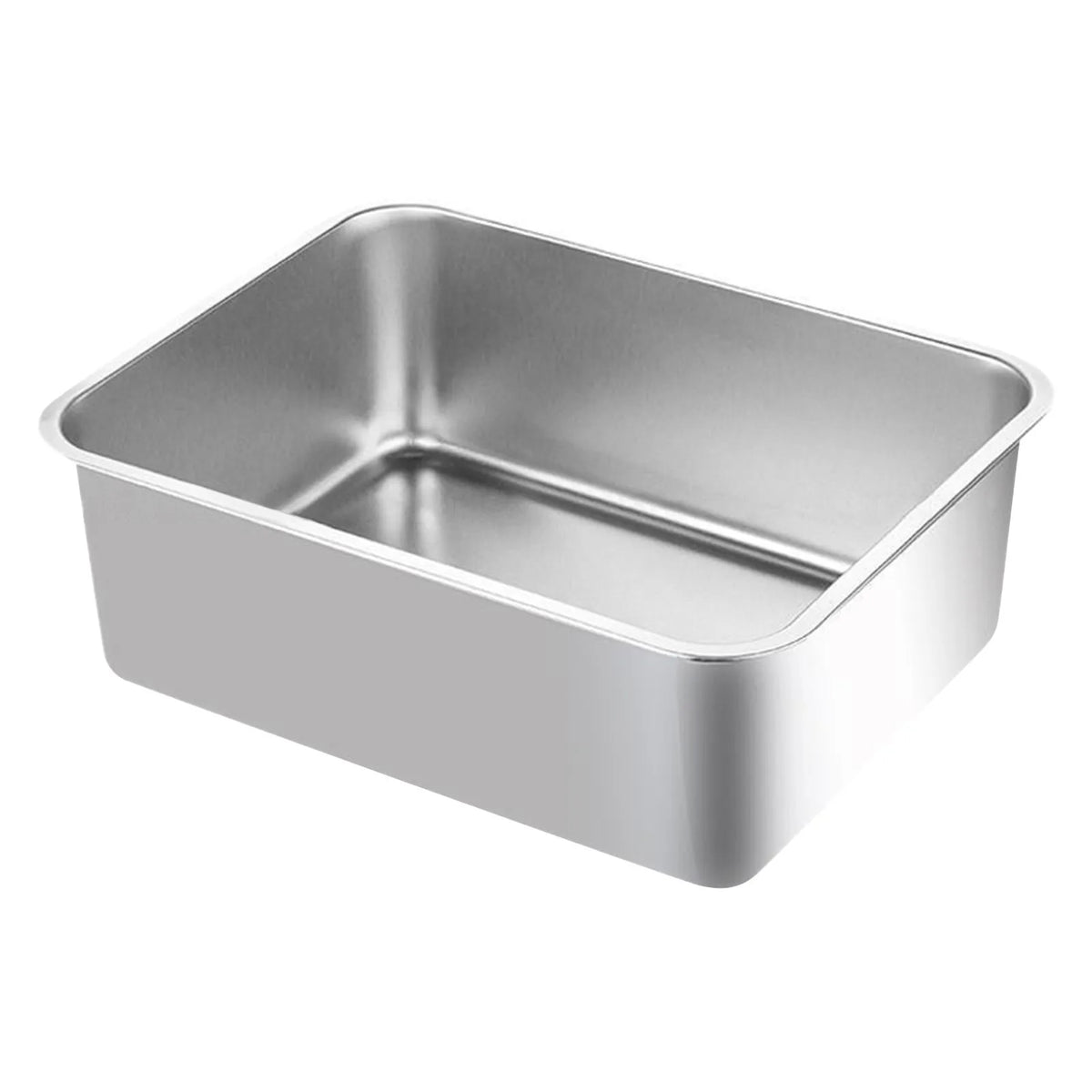A rectangular stainless steel cat litter box tray with raised edges.