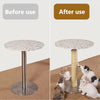 A comparison showing a cat scratcher before and after use, featuring a round, speckled top and a metal base.