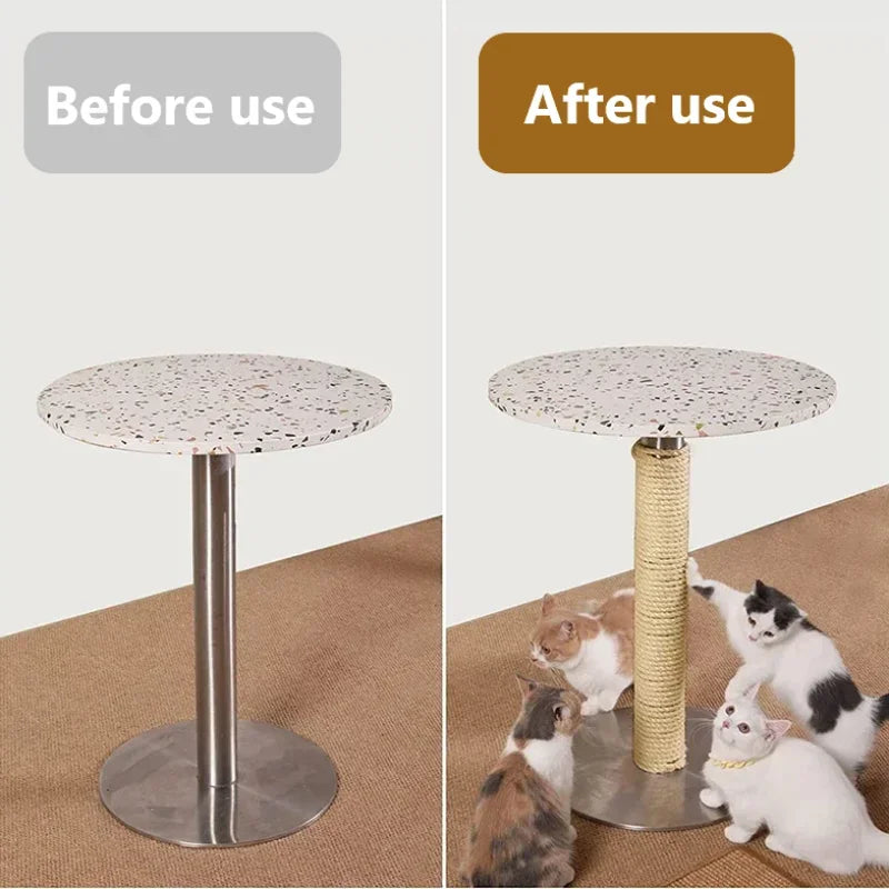 A comparison showing a cat scratcher before and after use, featuring a round, speckled top and a metal base.