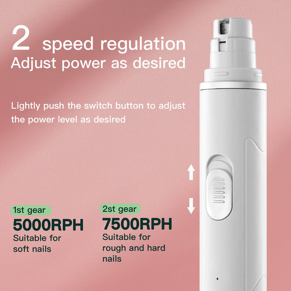 A white cordless electric pet nail grinder with two speed settings shown against a pink background.