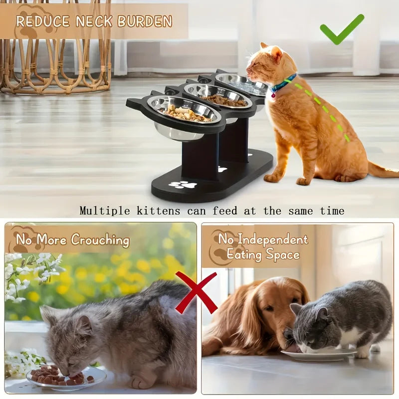 Comedero Elevado para Gatos de 3 Niveles con Base de Madera y Acero Inoxidable