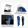 A grooming kit featuring an alloy blade for shaving, a stainless steel ceramic blade, and a large screen digital display on a
