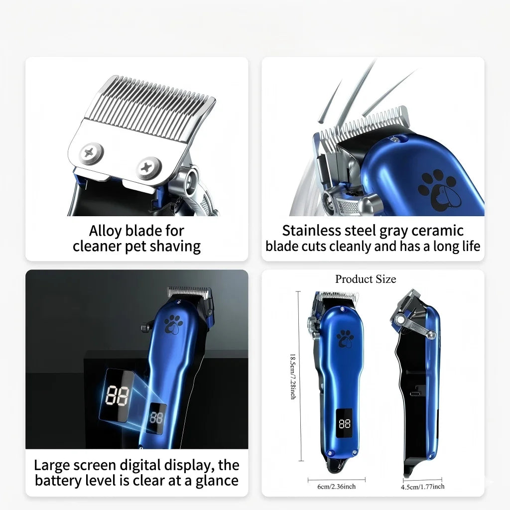 A grooming kit featuring an alloy blade for shaving, a stainless steel ceramic blade, and a large screen digital display on a