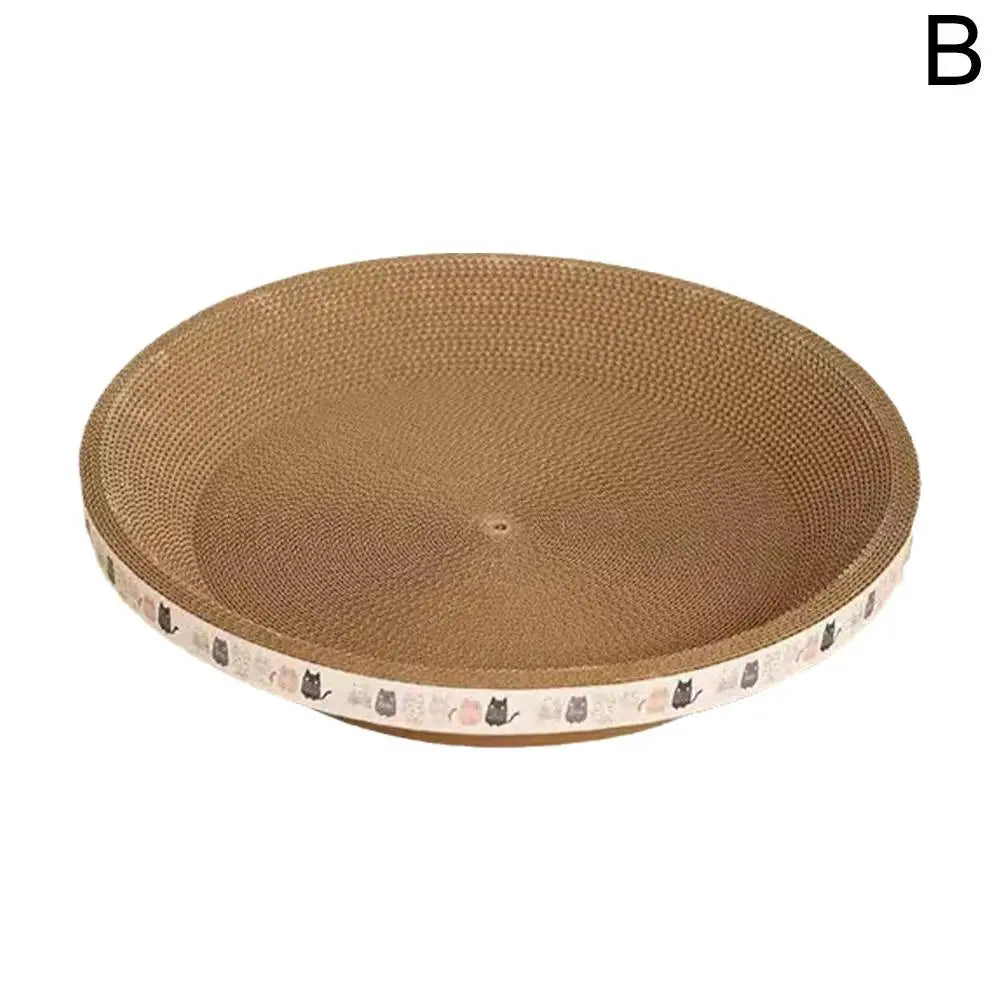 Griffoir pour chat en carton rond avec surface texturée et garniture décorative.