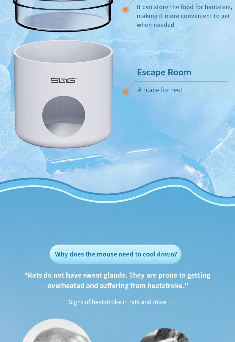 A white cooling hideout for small pets with a stainless steel chill plate shown against a blue background.
