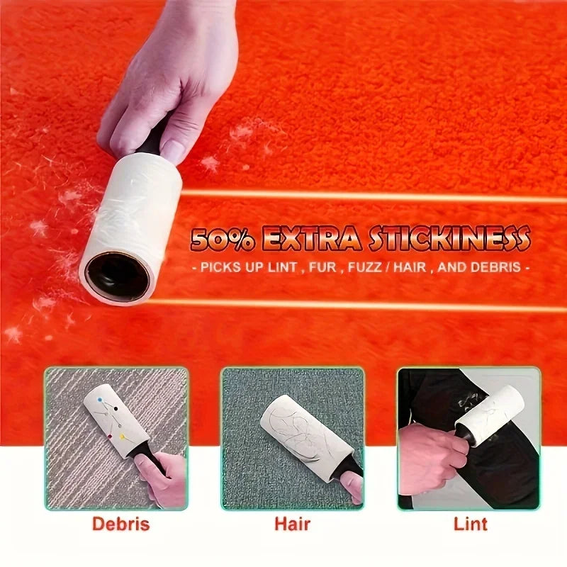 A hand is using an ultra-sticky lint roller on a bright orange surface, demonstrating its ability to pick up lint, fur, hair,