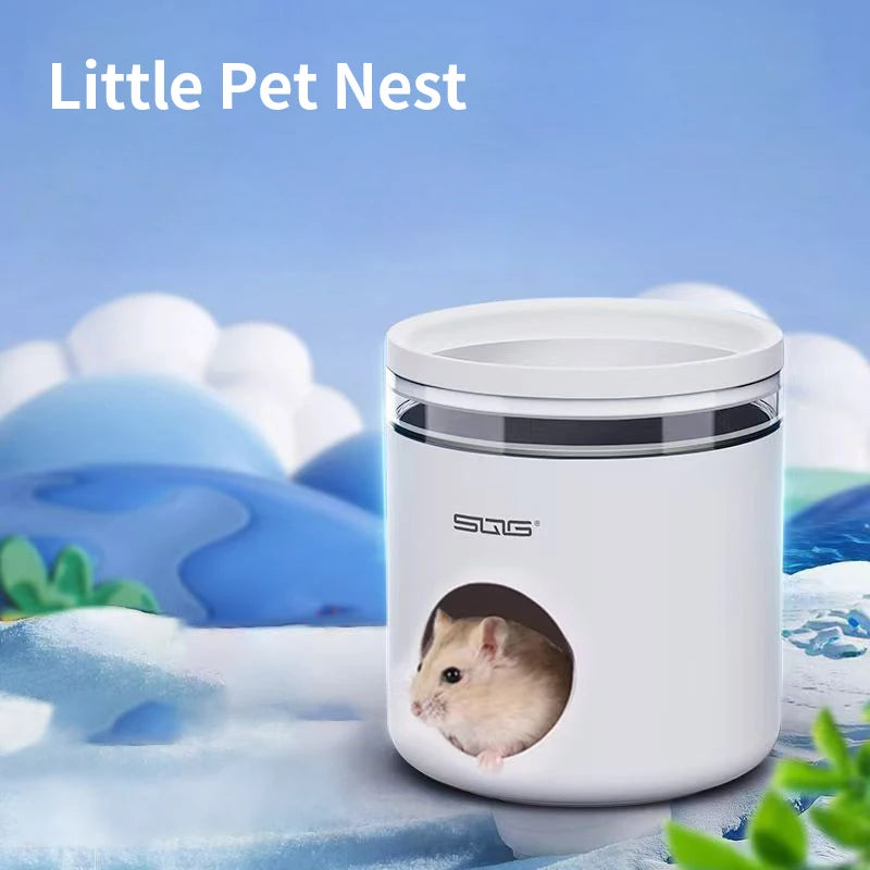A white pet nest container with an opening showing a small, light brown rodent inside.