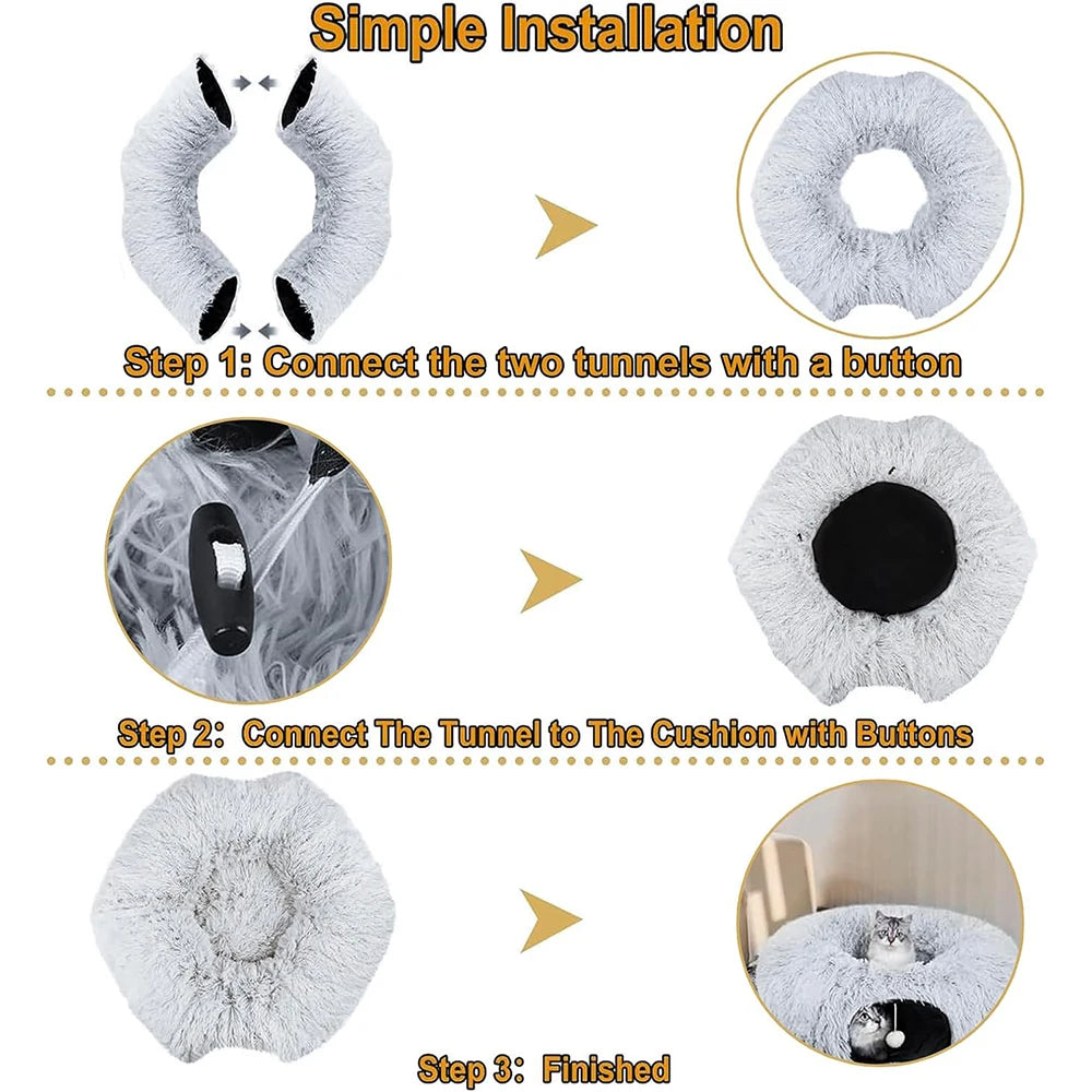Fleece-Lined Cat Tunnel Bed with Removable Cover