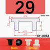 Black and white silicone rubber hole plugs shown next to the number 29 and a dimensioned component.