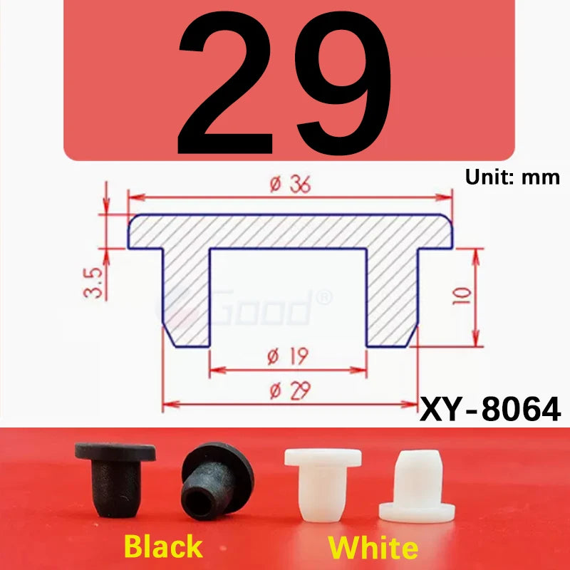Black and white silicone rubber hole plugs shown next to the number 29 and a dimensioned component.