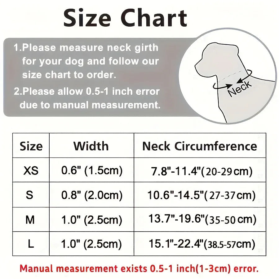 Size chart for an adjustable spring dog collar showing measurements for XS, S, M, and L sizes.
