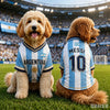 A golden retriever dog wearing an Argentina soccer jersey sitting on green grass.