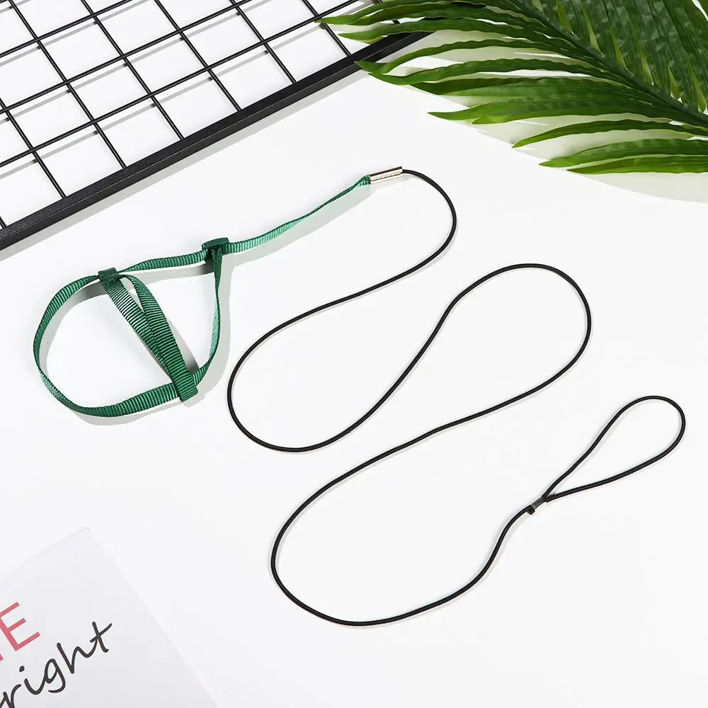 A green bird harness and leash are shown next to a black wire grid on a white surface.