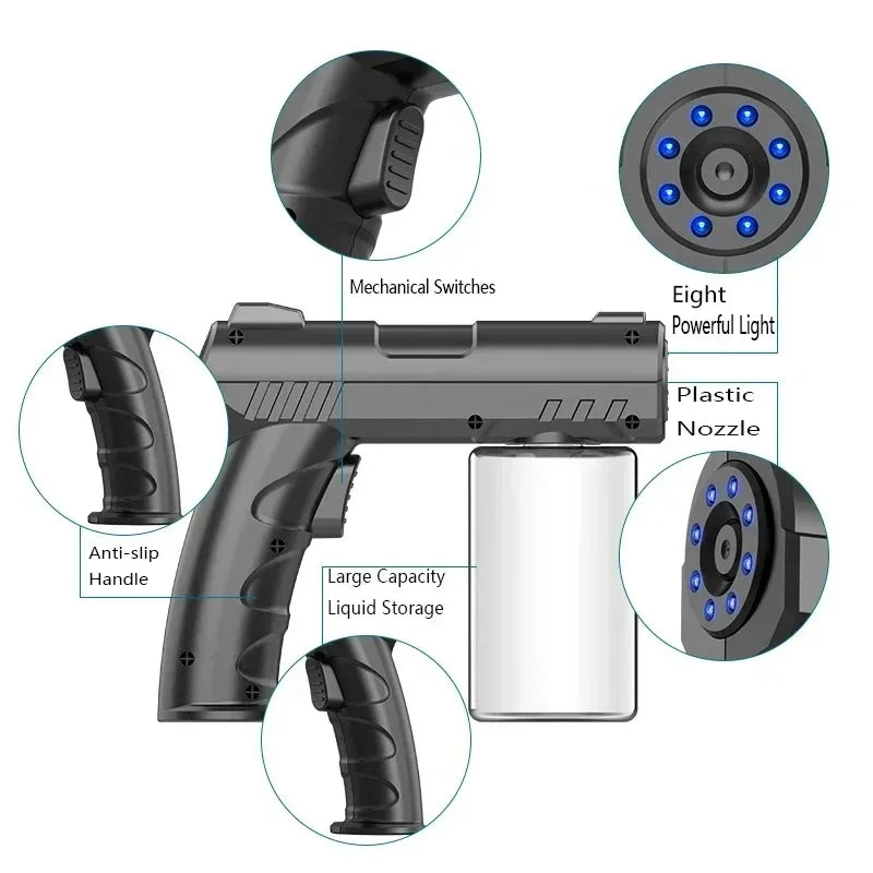 A black portable sprayer bottle with a silver nozzle and various components shown in detail.