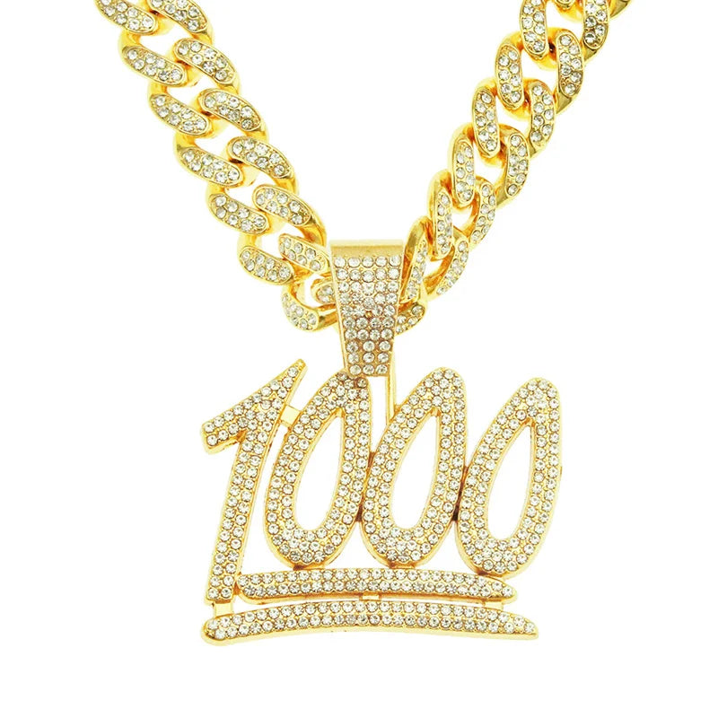 Gold iced out letter and animal pendant Cuban link chain necklace