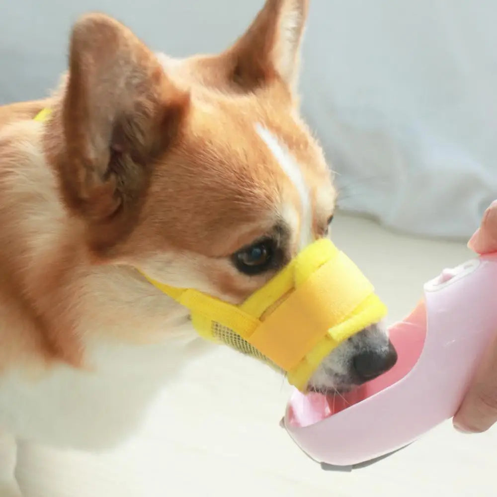 A dog is wearing a yellow adjustable breathable muzzle while being held by a person.