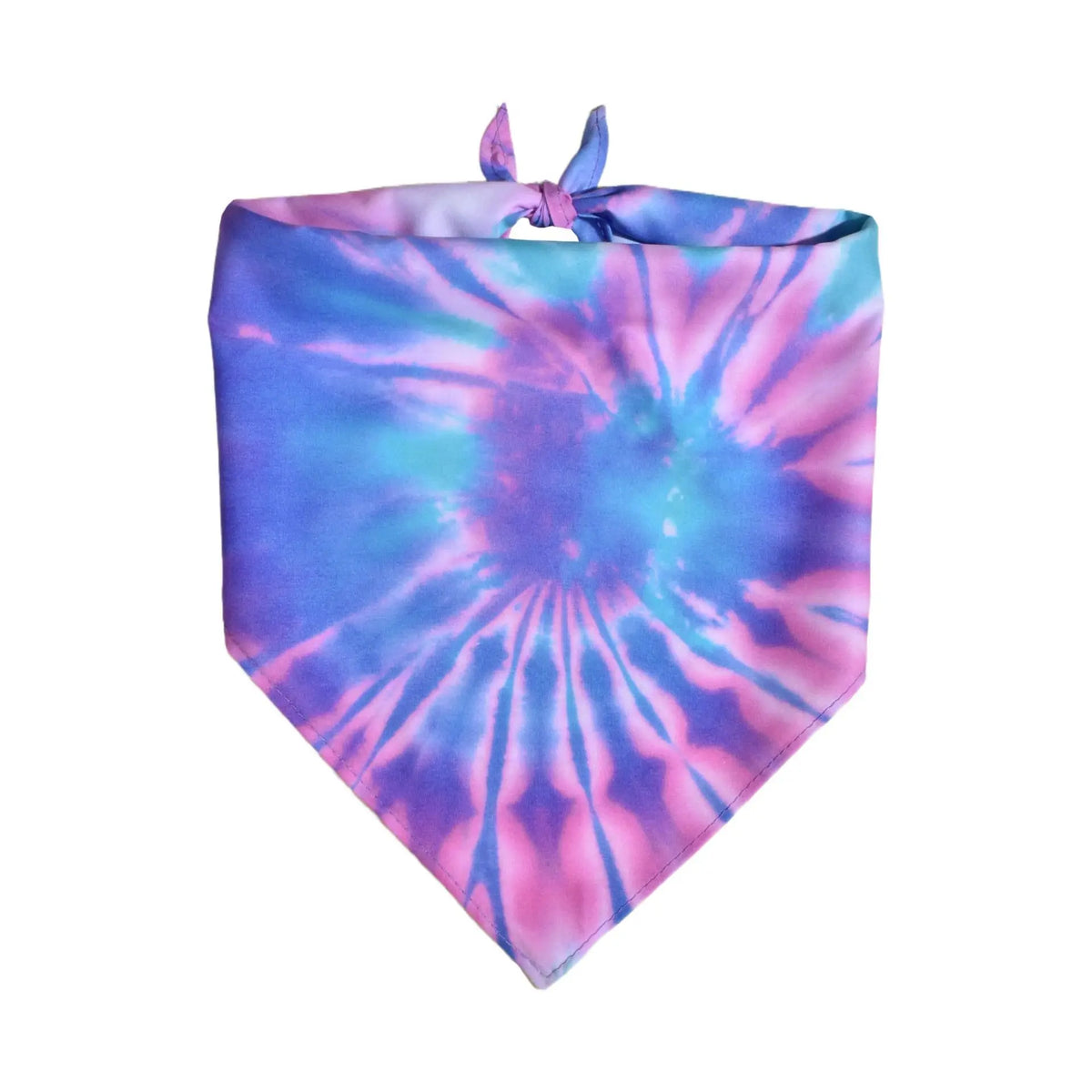 A square bandana featuring a vibrant tie-dye pattern of purple, pink, and blue hues.