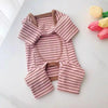 Cozy striped dog pajamas in pink and brown stripes with full belly coverage