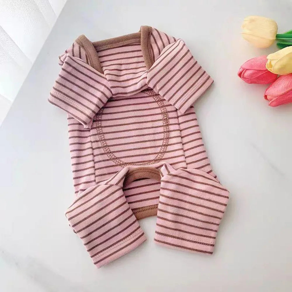 Cozy striped dog pajamas in pink and brown stripes with full belly coverage