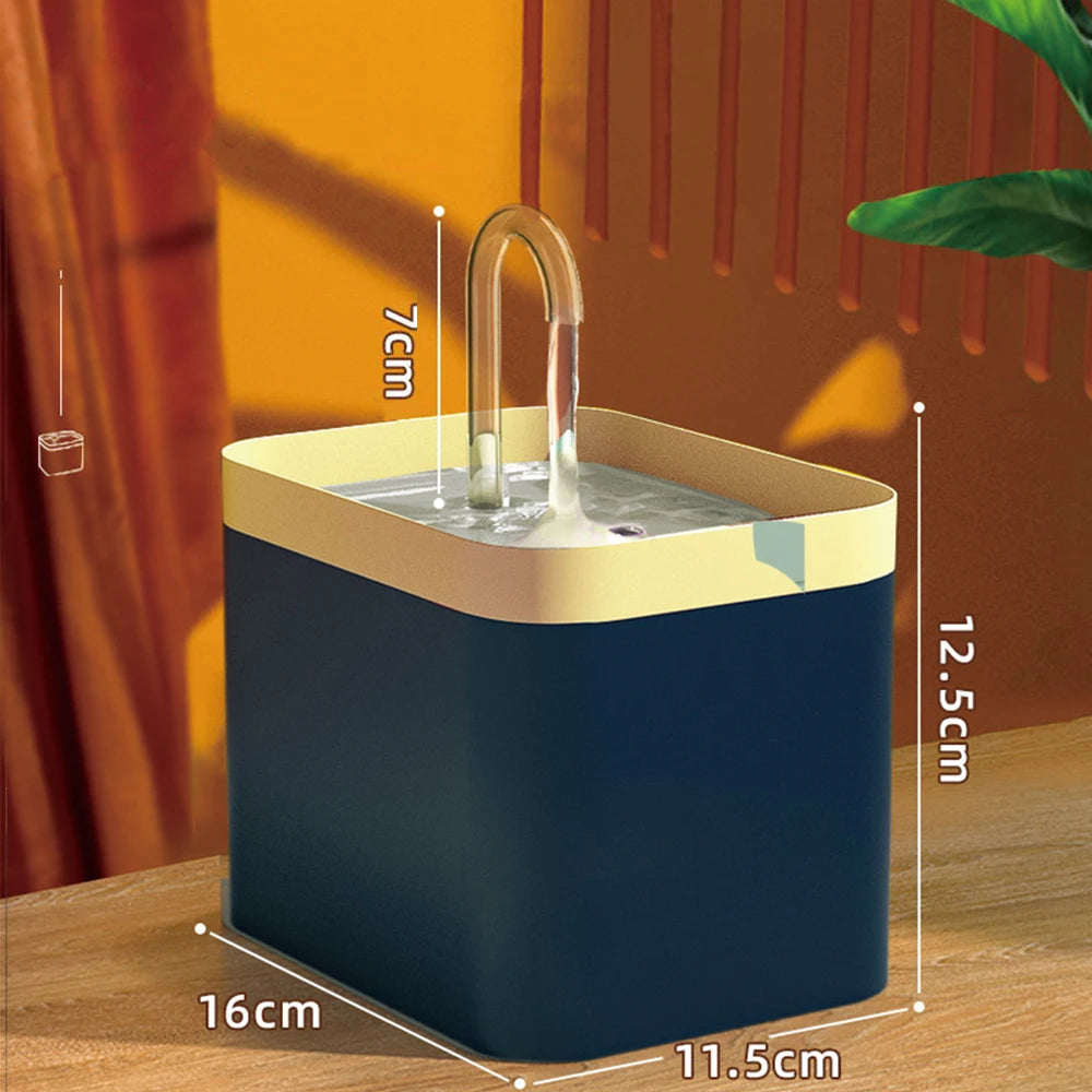 A blue pet water fountain with a clear water stream, shown next to its dimensions.