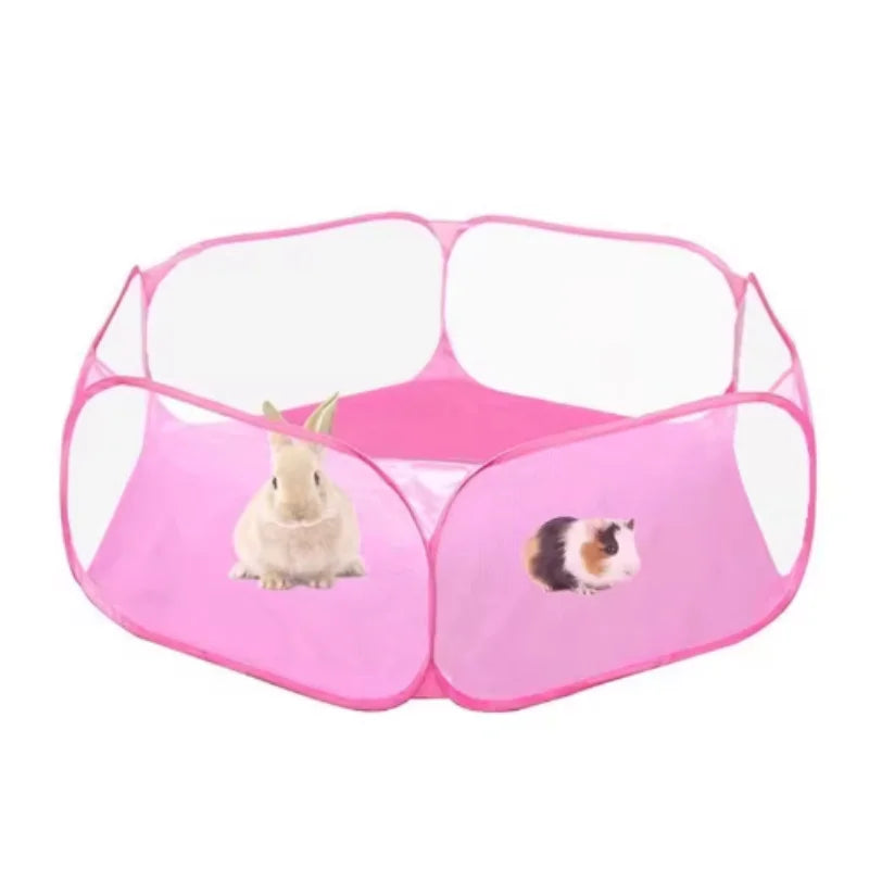 Tente portable rose pour animaux de compagnie avec clôture en filet pour petits animaux.