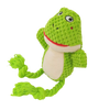 A bright green plush animal rope toy resembling a frog with large eyes and a red mouth.