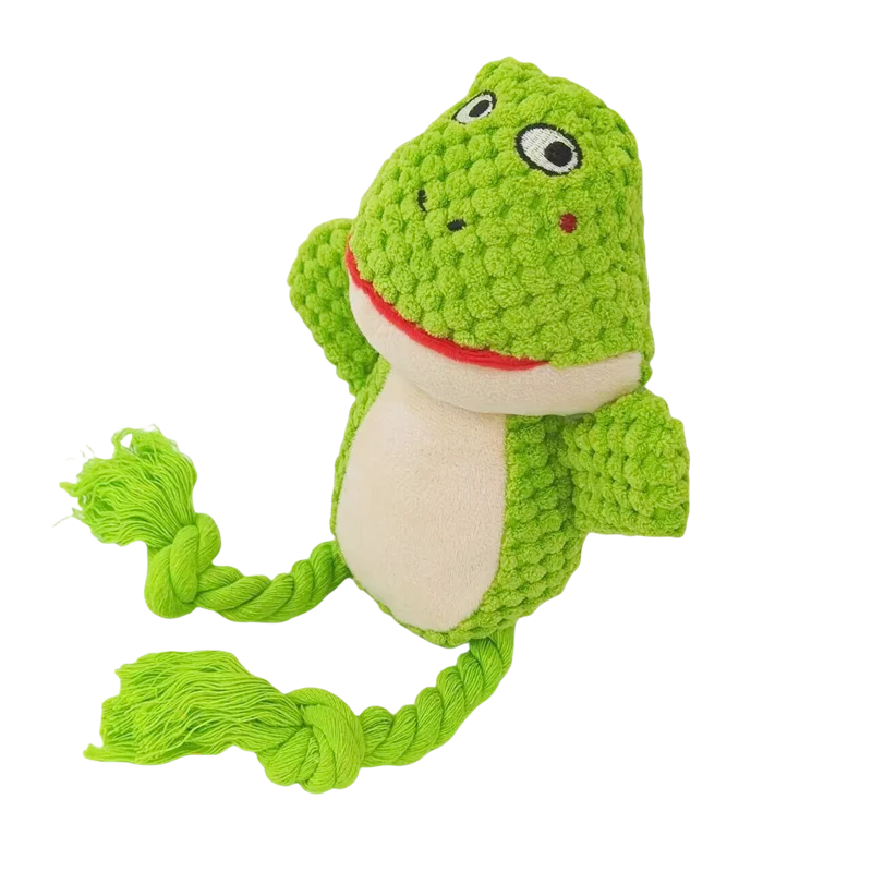 A bright green plush animal rope toy resembling a frog with large eyes and a red mouth.