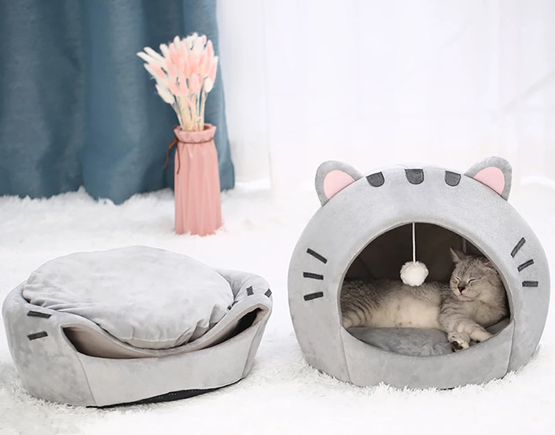 Warm Cat Bed Cave with Cushion and Pet House