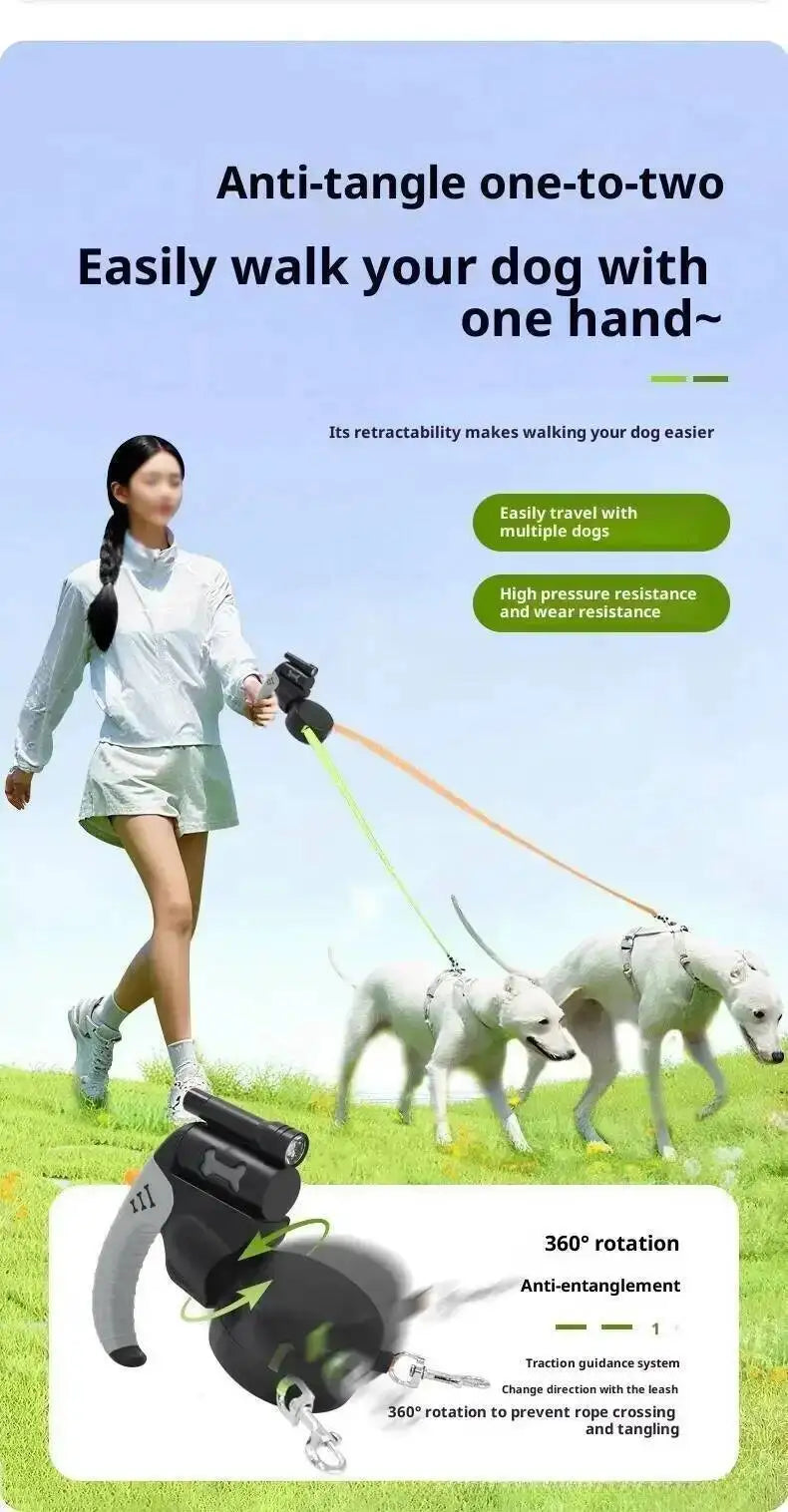 A woman is easily walking multiple dogs using a retractable leash system with a built-in flashlight.