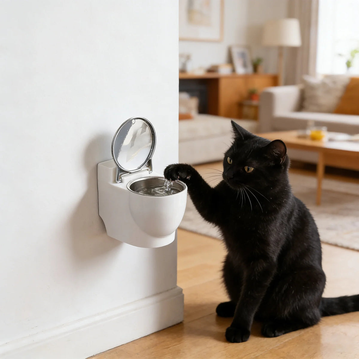 A black cat is interacting with a white toilet-shaped water bowl mounted on a wall.