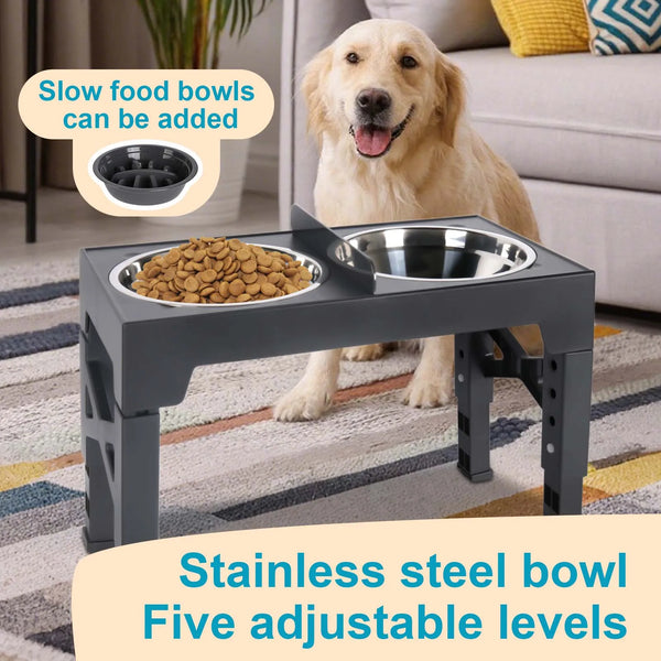 A stainless steel bowl with five adjustable levels is shown on a table next to a dog.