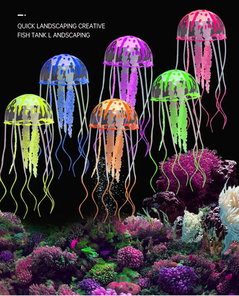 Colorful fluorescent jellyfish aquarium ornaments floating above a vibrant underwater landscape.