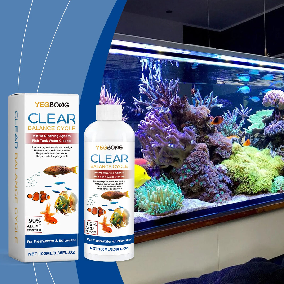 Yegbong Clear Balance Cycle Reinigungsmittel für Fischtankwasser in einer Vitrine sichtbar.