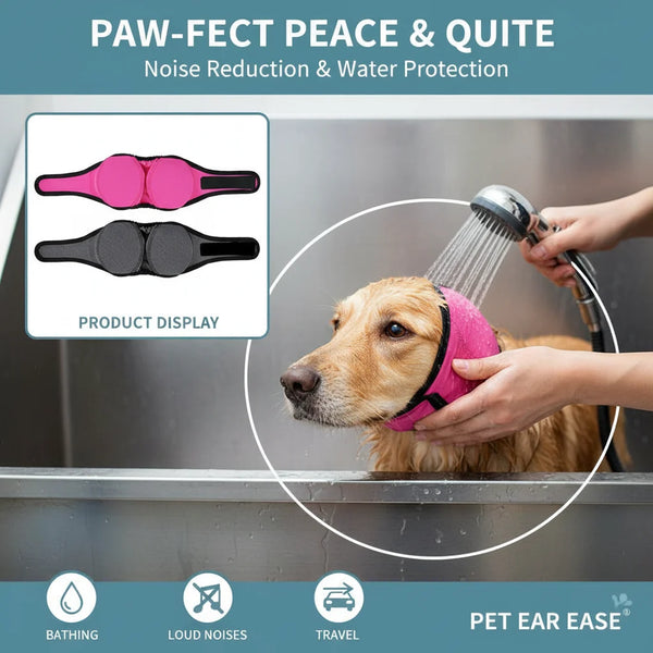 Pink and black noise reduction ear wraps for dogs being washed under a faucet.