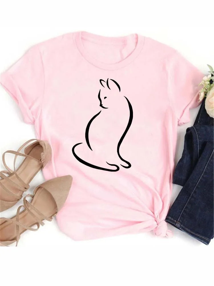 Women Kawaii Cats Print Summer Cartoon T Shirt
