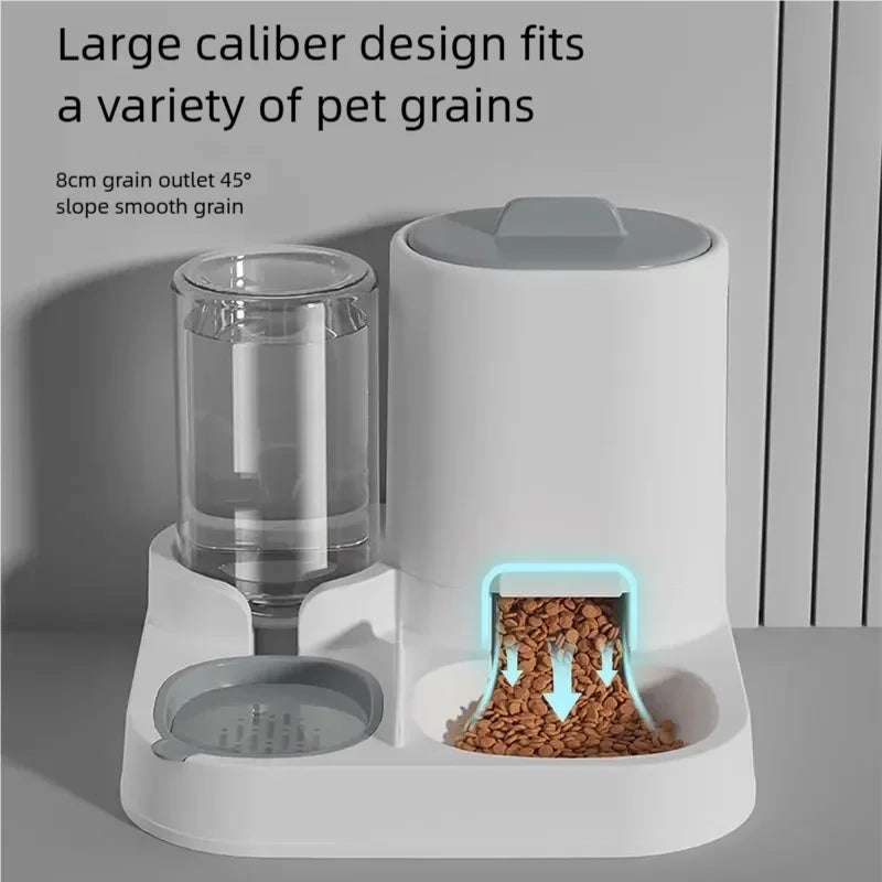 A white gravity water dispenser for pets, showing a glass outlet and a compartment filled with pet grains.