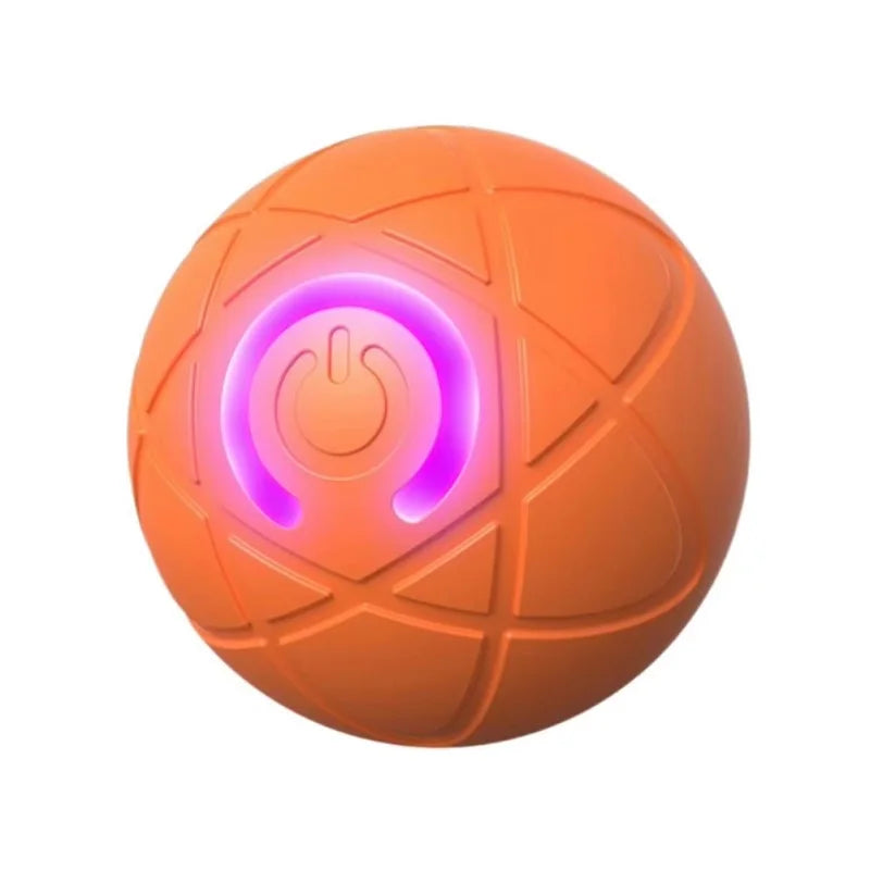 An orange spherical toy ball with a glowing purple power button symbol on its surface.